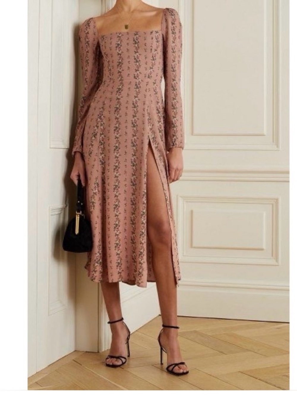 NWT Reformation Sigmund Dress 0 Floral Boudoir Midi Slit Long Sleeves Smocked